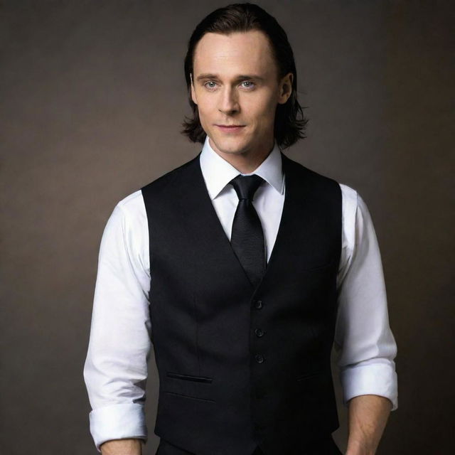 Loki elegantly dressed in a crisp white shirt, a fitted black vest, smart black pants, completed with a stylish black and white tie.