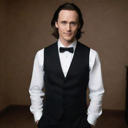 Loki elegantly dressed in a crisp white shirt, a fitted black vest, smart black pants, completed with a stylish black and white tie.