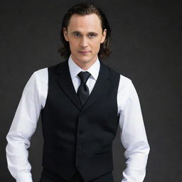 Loki elegantly dressed in a crisp white shirt, a fitted black vest, smart black pants, completed with a stylish black and white tie.