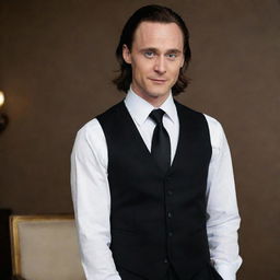 Loki elegantly dressed in a crisp white shirt, a fitted black vest, smart black pants, completed with a stylish black and white tie.