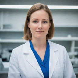 A professional and confident portrait of a female scientist in a lab coat, standing in a laboratory setting with equipment in the background, looking directly at the camera.