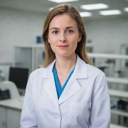 A professional and confident portrait of a female scientist in a lab coat, standing in a laboratory setting with equipment in the background, looking directly at the camera.