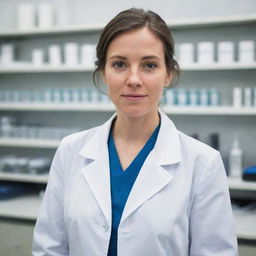 A professional and confident portrait of a female scientist in a lab coat, standing in a laboratory setting with equipment in the background, looking directly at the camera.