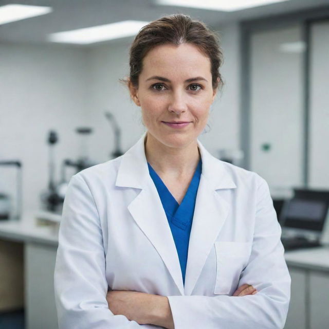 A professional and confident portrait of a female scientist in a lab coat, standing in a laboratory setting with equipment in the background, looking directly at the camera.