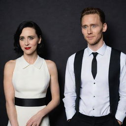 Tom Hiddleston wearing a sharp outfit comprising of a white shirt, black vest, and black pants with a black and white tie. Next to him stands a woman with short black hair, stark black eye makeup, and vibrant red lips.