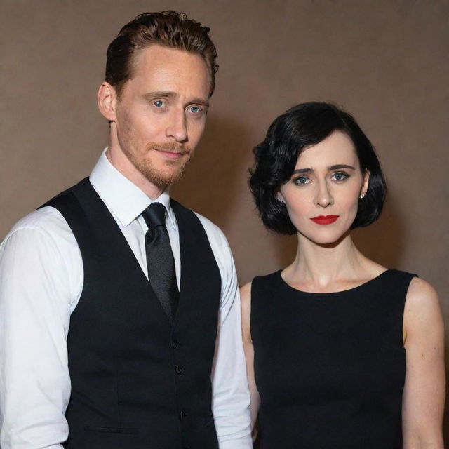 Tom Hiddleston wearing a sharp outfit comprising of a white shirt, black vest, and black pants with a black and white tie. Next to him stands a woman with short black hair, stark black eye makeup, and vibrant red lips.