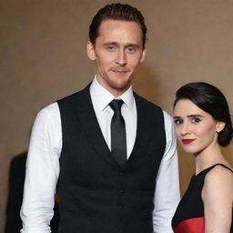 Tom Hiddleston wearing a sharp outfit comprising of a white shirt, black vest, and black pants with a black and white tie. Next to him stands a woman with short black hair, stark black eye makeup, and vibrant red lips.