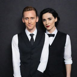 Tom Hiddleston wearing a sharp outfit comprising of a white shirt, black vest, and black pants with a black and white tie. Next to him stands a woman with short black hair, stark black eye makeup, and vibrant red lips.