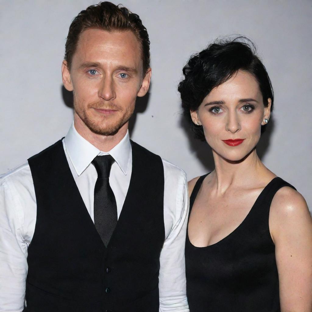 Tom Hiddleston dressed elegantly in a white shirt, black vest, black pants, and a black and white tie. Next to him, a woman with short black hair reaching her neck, her eyes highlighted with black makeup and lips in striking red.