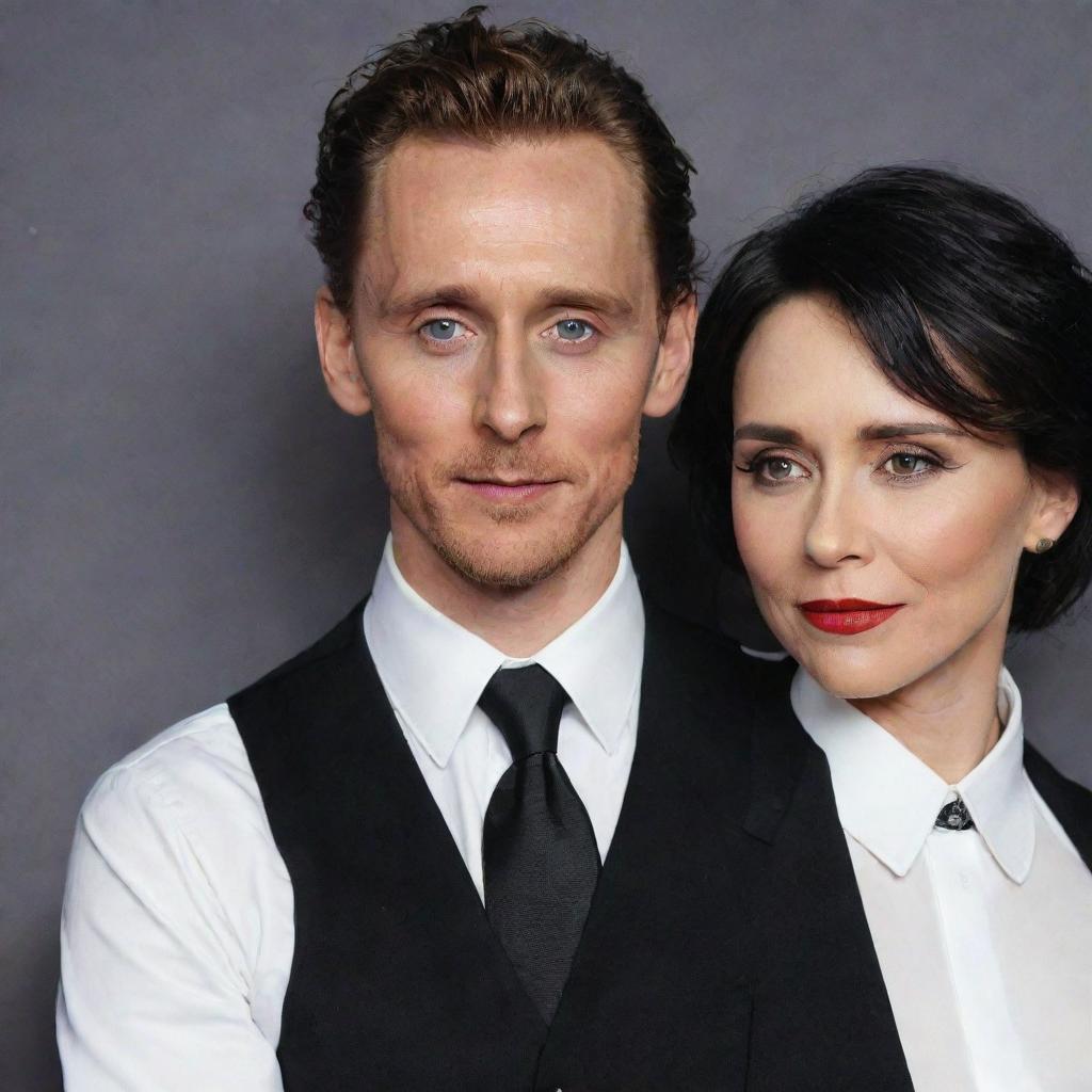 Tom Hiddleston dressed elegantly in a white shirt, black vest, black pants, and a black and white tie. Next to him, a woman with short black hair reaching her neck, her eyes highlighted with black makeup and lips in striking red.