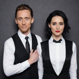 Tom Hiddleston dressed elegantly in a white shirt, black vest, black pants, and a black and white tie. Next to him, a woman with short black hair reaching her neck, her eyes highlighted with black makeup and lips in striking red.