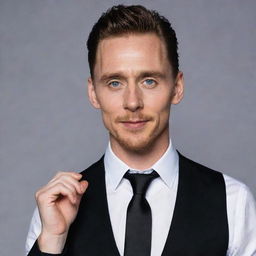 Tom Hiddleston dressed elegantly in a white shirt, black vest, black pants, and a black and white tie. Next to him, a woman with short black hair reaching her neck, her eyes highlighted with black makeup and lips in striking red.