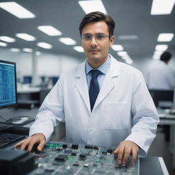 A sophisticated electrical engineer in luxurious attire, working in a high-tech lab filled with modern electronics.