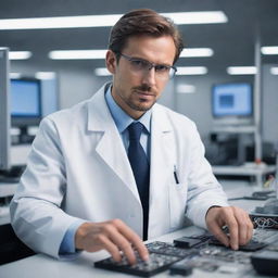 A sophisticated electrical engineer in luxurious attire, working in a high-tech lab filled with modern electronics.