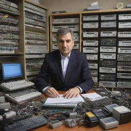 A wealthy Iranian electrical engineer in a sophisticated setting, surrounded by intricate gadgets and electronic equipment.