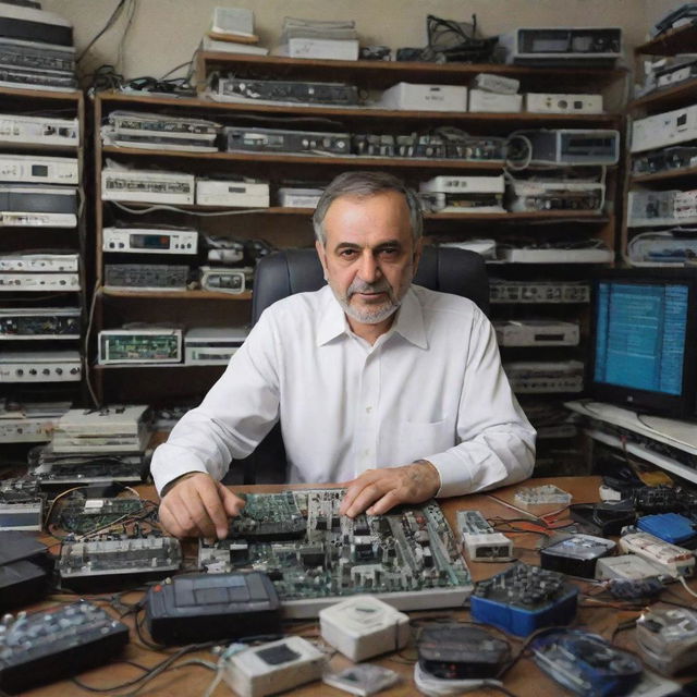 A wealthy Iranian electrical engineer in a sophisticated setting, surrounded by intricate gadgets and electronic equipment.