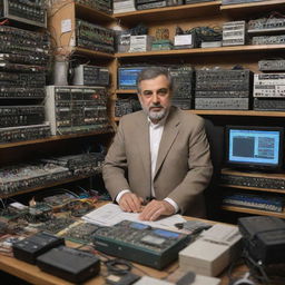 A wealthy Iranian electrical engineer in a sophisticated setting, surrounded by intricate gadgets and electronic equipment.