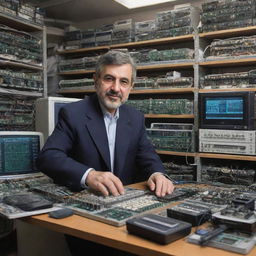 A wealthy Iranian electrical engineer in a sophisticated setting, surrounded by intricate gadgets and electronic equipment.