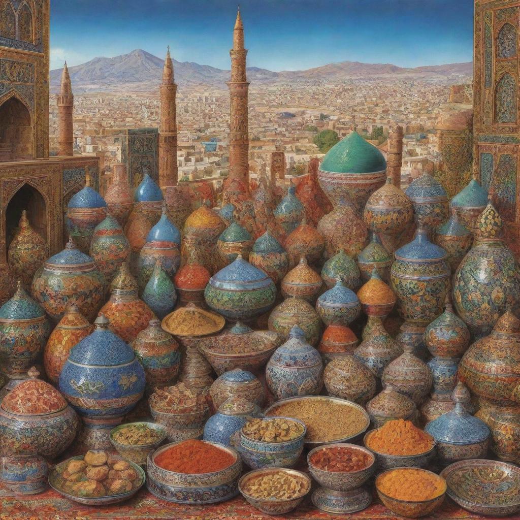 A detailed and vibrant rendering of a typical souvenir from Zanjan, a city in Iran, focusing on cultural specifics such as traditional Iranian crafts, architecture, or landscapes.