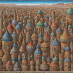 A detailed and vibrant rendering of a typical souvenir from Zanjan, a city in Iran, focusing on cultural specifics such as traditional Iranian crafts, architecture, or landscapes.