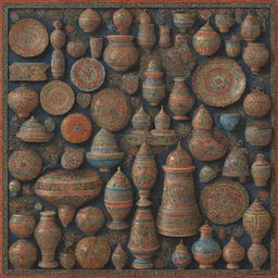 A detailed and vibrant rendering of a typical souvenir from Zanjan, a city in Iran, focusing on cultural specifics such as traditional Iranian crafts, architecture, or landscapes.