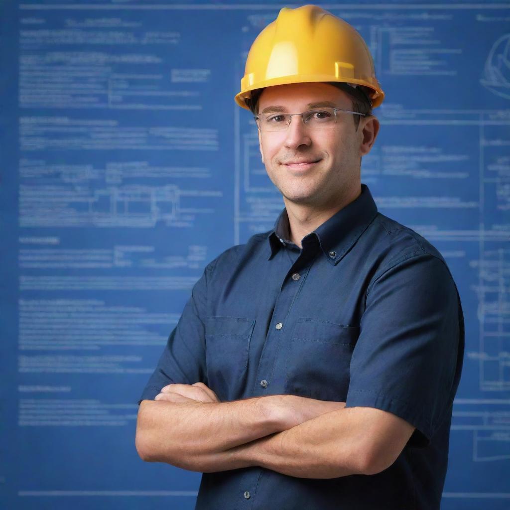 Create an image of a professional profile for an Electrical Engineer, featuring technical tools, blueprints, and a sophisticated design.