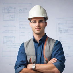 Create an image of a professional profile for an Electrical Engineer, featuring technical tools, blueprints, and a sophisticated design.