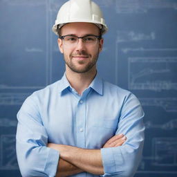 Create an image of a professional profile for an Electrical Engineer, featuring technical tools, blueprints, and a sophisticated design.