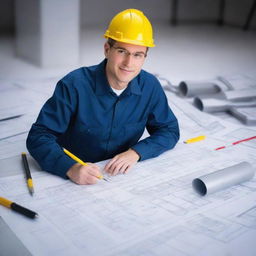 Create an image of a professional profile for an Electrical Engineer, featuring technical tools, blueprints, and a sophisticated design.