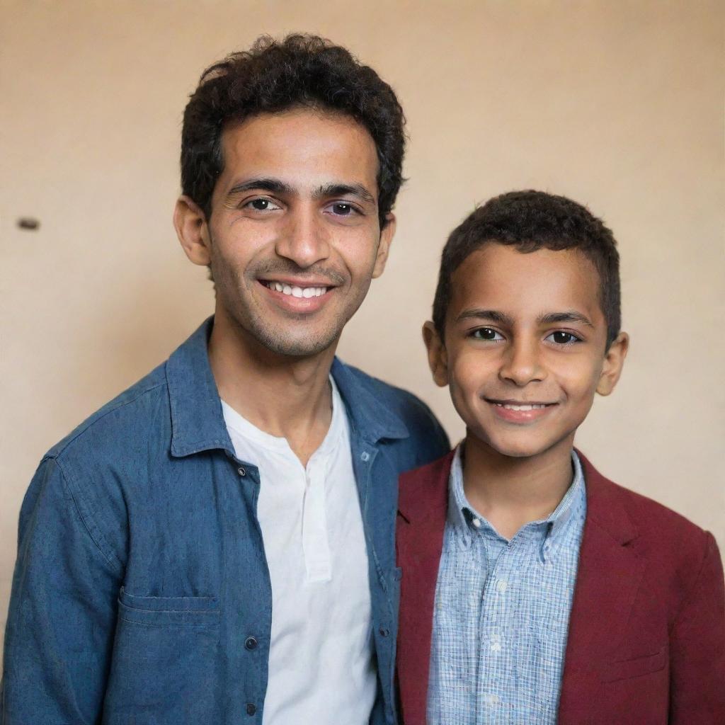 Generate a portrait of a man named Mehdi standing next to a younger boy named Ali, both are smiling warmly.