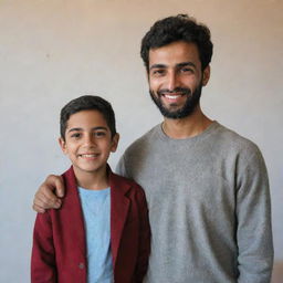 Generate a portrait of a man named Mehdi standing next to a younger boy named Ali, both are smiling warmly.