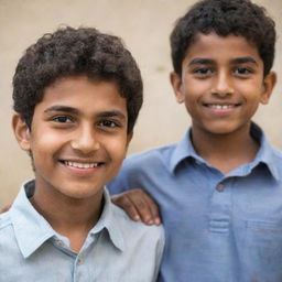 Generate a portrait of a man named Mehdi standing next to a younger boy named Ali, both are smiling warmly.