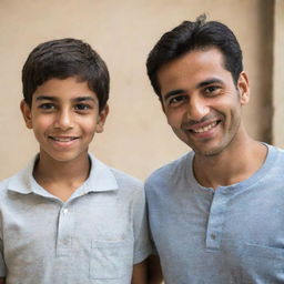 Generate a portrait of a man named Mehdi standing next to a younger boy named Ali, both are smiling warmly.