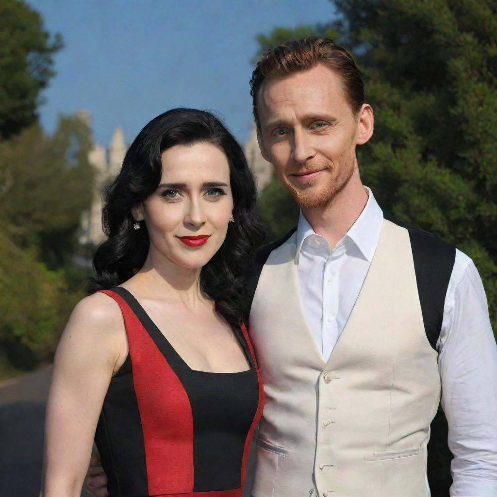 Actor Tom Hiddleston dressed smartly in a white shirt, black vest, and black pants, standing beside a woman with short black hair, pronounced black eye makeup, vibrant red lips, wearing a snow white dress.