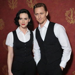 Actor Tom Hiddleston dressed smartly in a white shirt, black vest, and black pants, standing beside a woman with short black hair, pronounced black eye makeup, vibrant red lips, wearing a snow white dress.