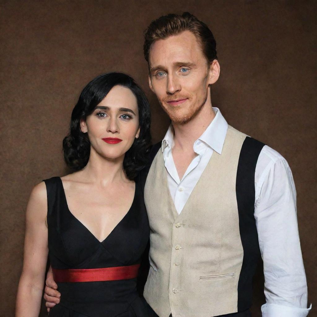 Actor Tom Hiddleston dressed smartly in a white shirt, black vest, and black pants, standing beside a woman with short black hair, pronounced black eye makeup, vibrant red lips, wearing a snow white dress.