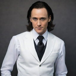 Loki, the trickster god, in a stylish ensemble. He's wearing a crisp white shirt, a sleek black vest over it, matching black pants, and a black and white tie to complete his refined look.