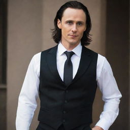 Loki, the trickster god, in a stylish ensemble. He's wearing a crisp white shirt, a sleek black vest over it, matching black pants, and a black and white tie to complete his refined look.