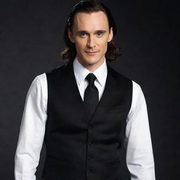 Loki, the trickster god, in a stylish ensemble. He's wearing a crisp white shirt, a sleek black vest over it, matching black pants, and a black and white tie to complete his refined look.