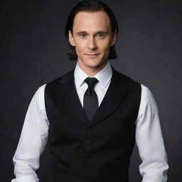 Loki, the trickster god, in a stylish ensemble. He's wearing a crisp white shirt, a sleek black vest over it, matching black pants, and a black and white tie to complete his refined look.