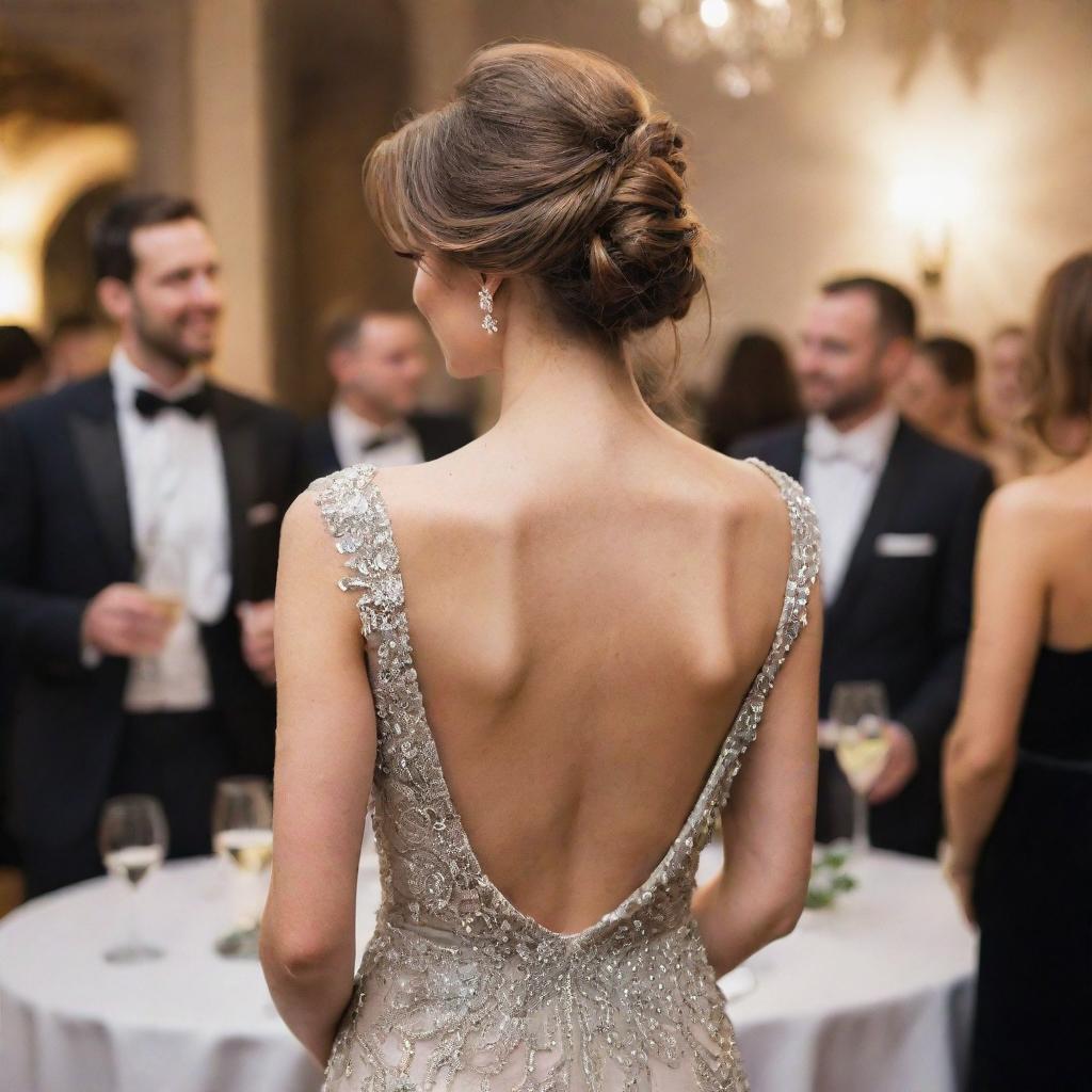 Elegant woman from the back at a lively, sophisticated party