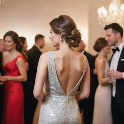 Elegant woman from the back at a lively, sophisticated party