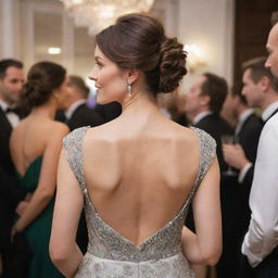 Elegant woman from the back at a lively, sophisticated party