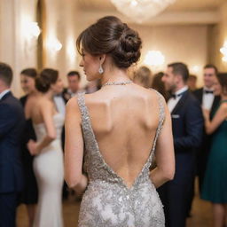 Elegant woman from the back at a lively, sophisticated party