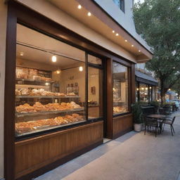 A cozy and inviting café with outside seating, warm lighting, and a display case full of enticing pastries.