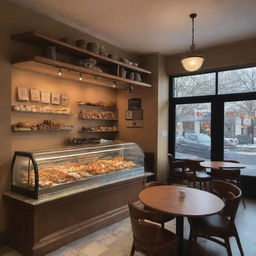 A cozy and inviting café with outside seating, warm lighting, and a display case full of enticing pastries.