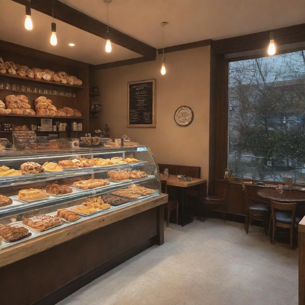 A cozy and inviting café with outside seating, warm lighting, and a display case full of enticing pastries.