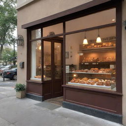 A cozy and inviting café with outside seating, warm lighting, and a display case full of enticing pastries.