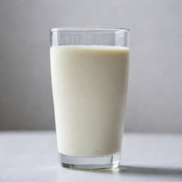 Close-up view of a glass of cold, fresh milk with droplets of condensation on the outside, against a soft light background