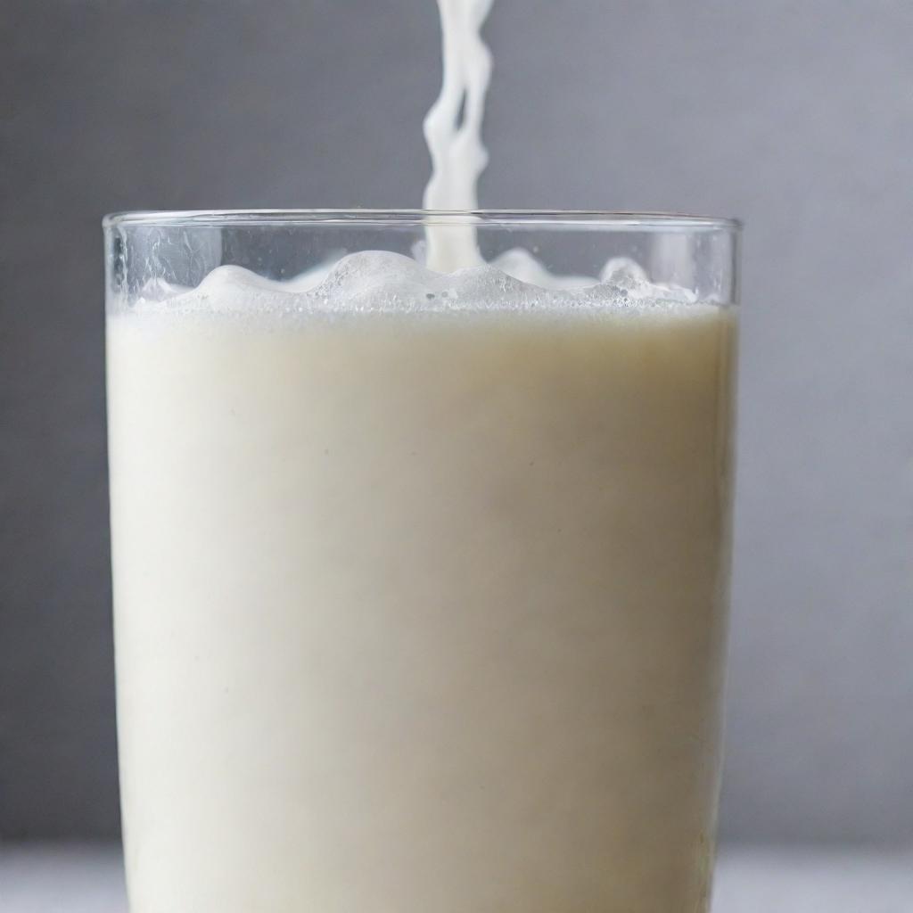 Close-up view of a glass of cold, fresh milk with droplets of condensation on the outside, against a soft light background